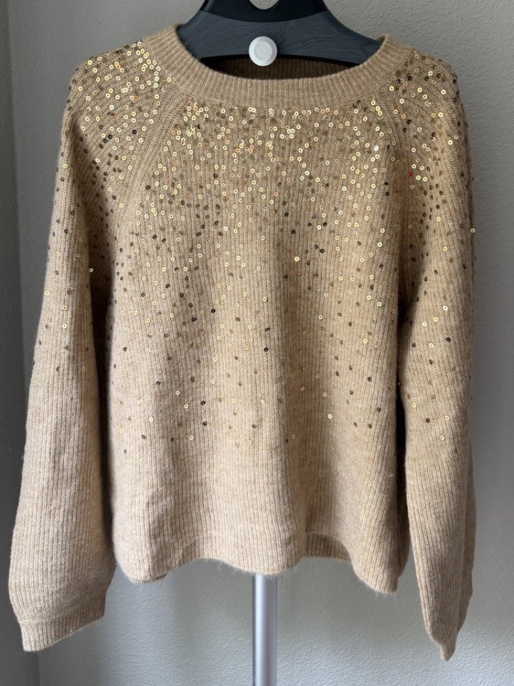 Vince Camuto Women's Sequin Knit Crew Neck Long Sleeve Pullover Sweater Beige M